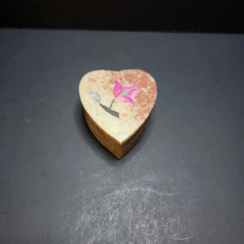 Vintage Soapstone Mother of Pearl Heart Shaped Trinket Box